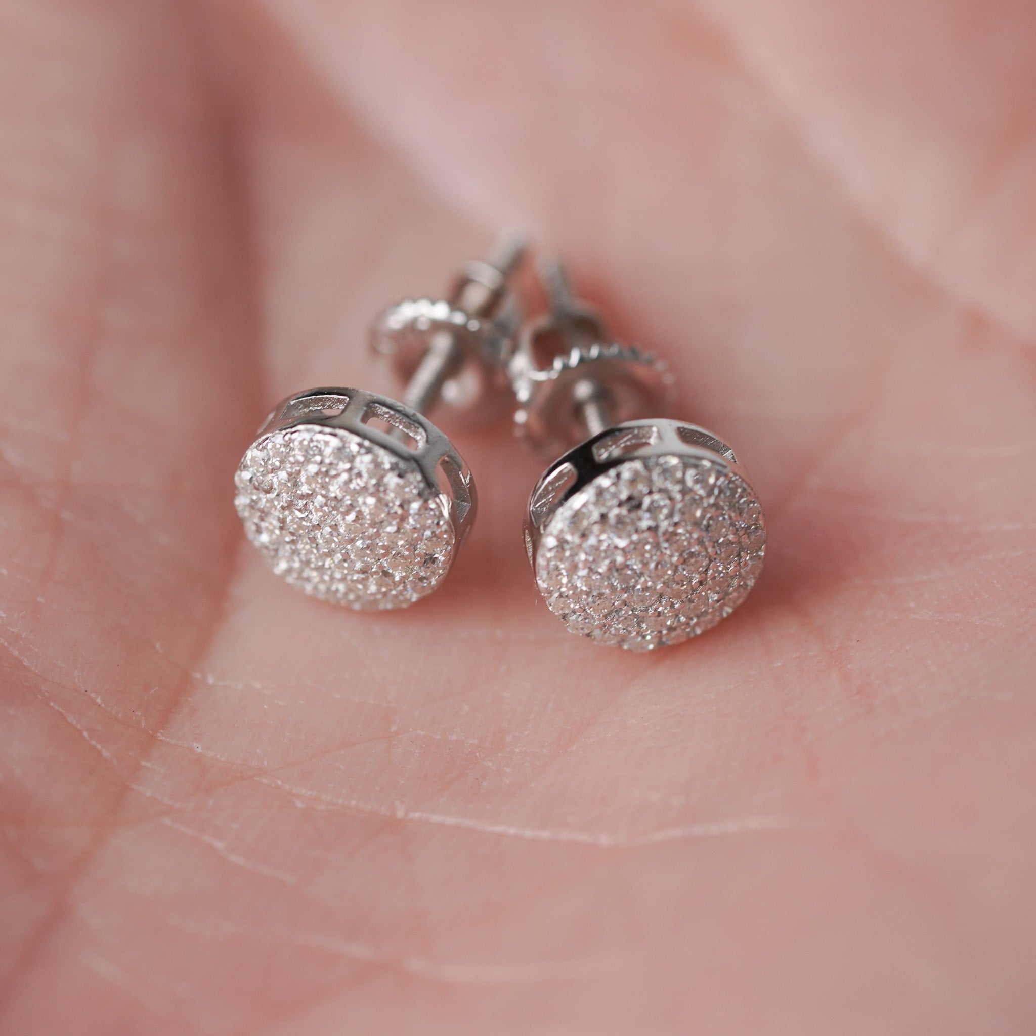 Round Moissanite Pave Earrings, Screwed-Back