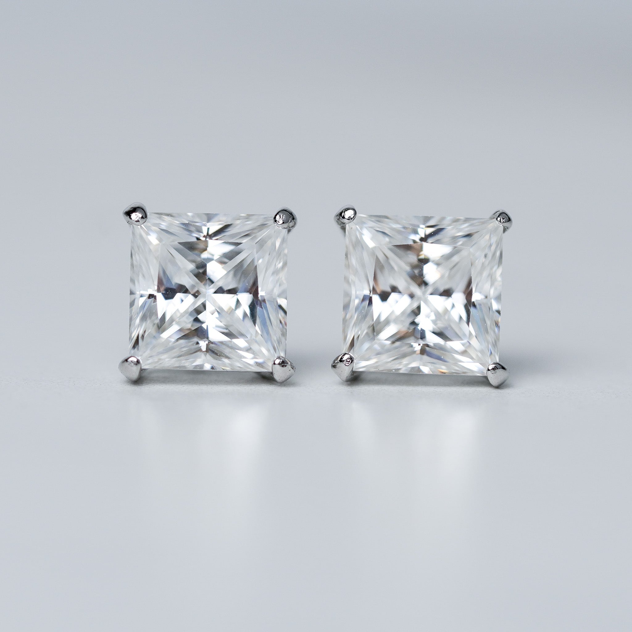 Square Solitaire Stud Earrings In Moissanites | Screwed Back