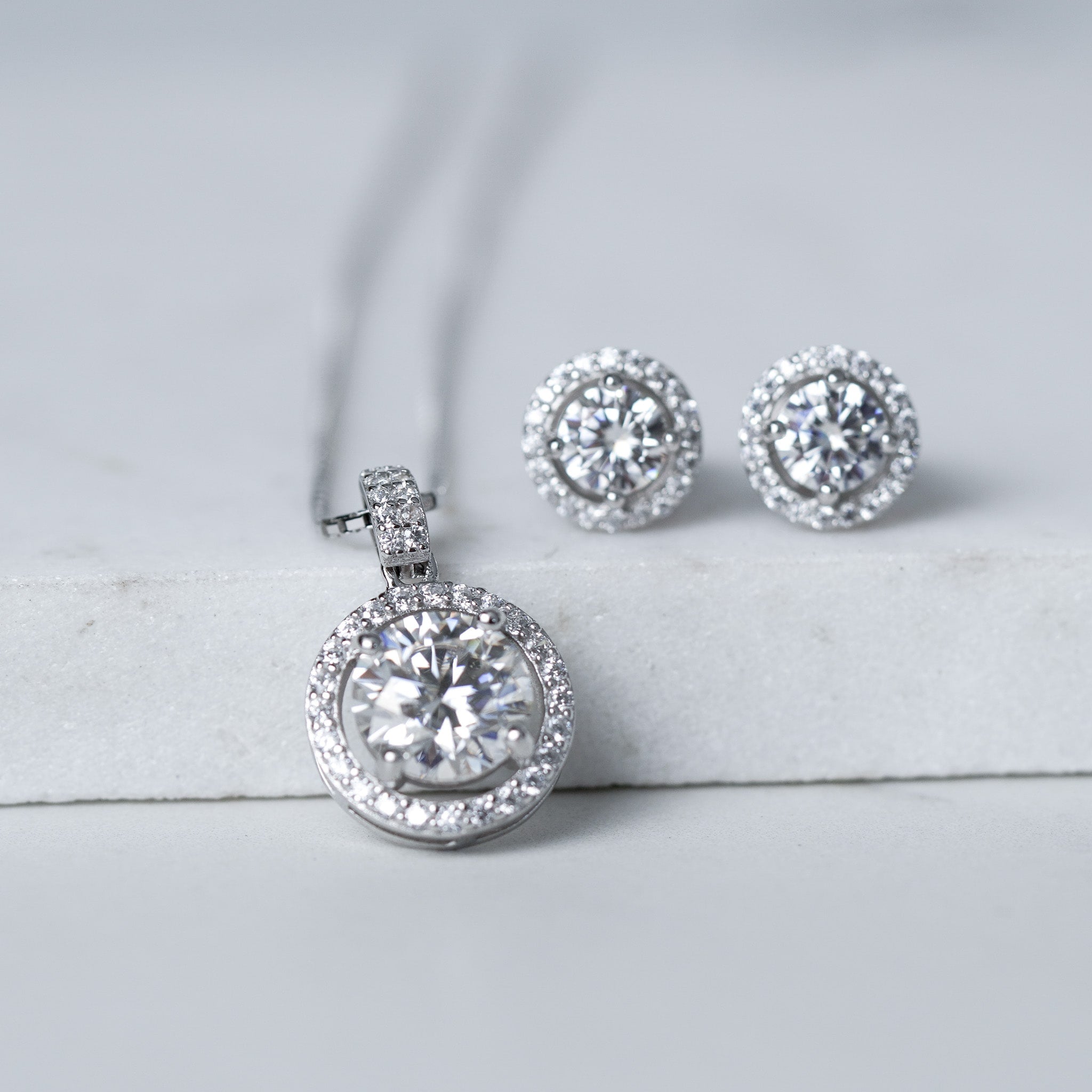 Moissanite Halo Necklace and Earrings Set