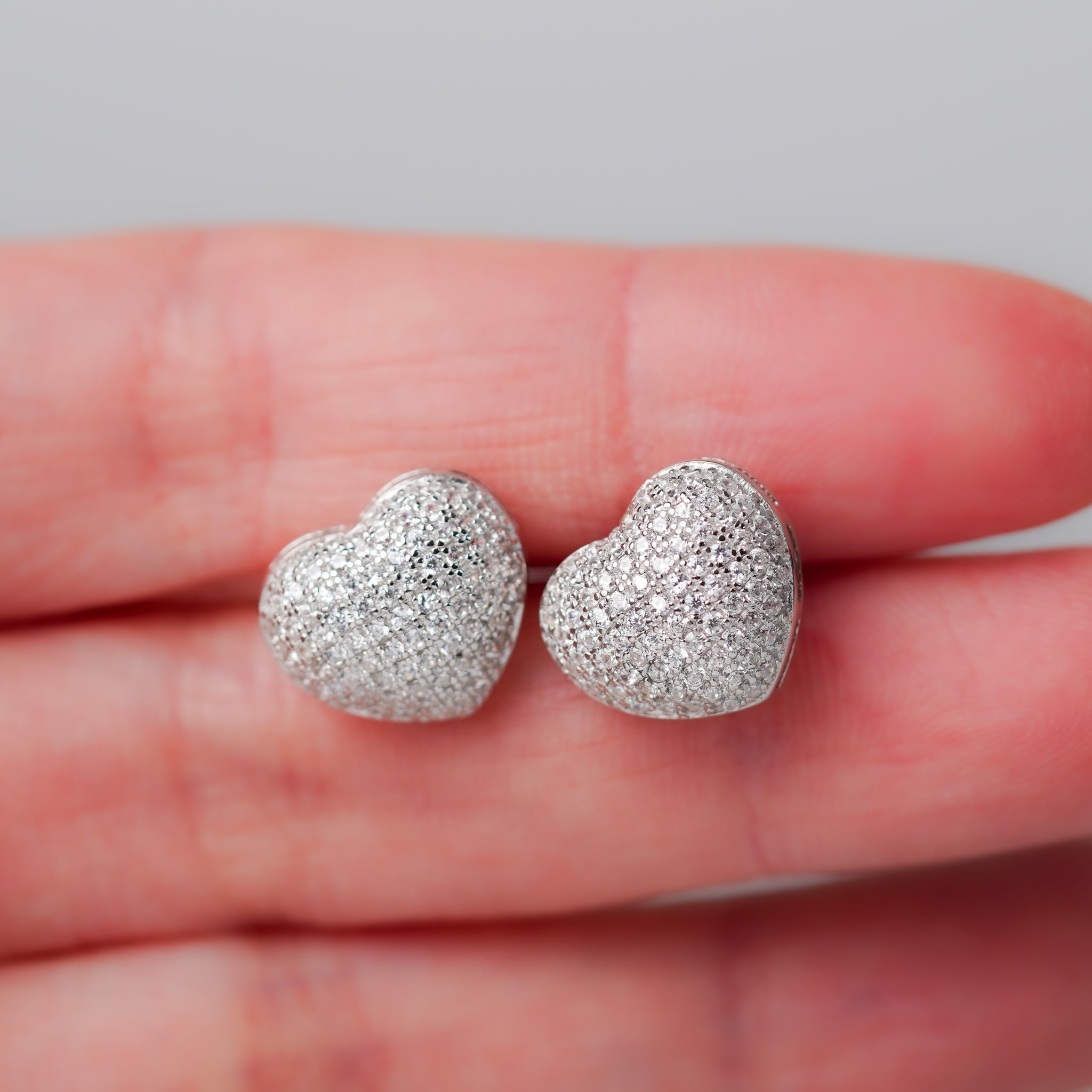 Pave Heart Earrings, Simulated Diamond Micropave, Screwed-Back