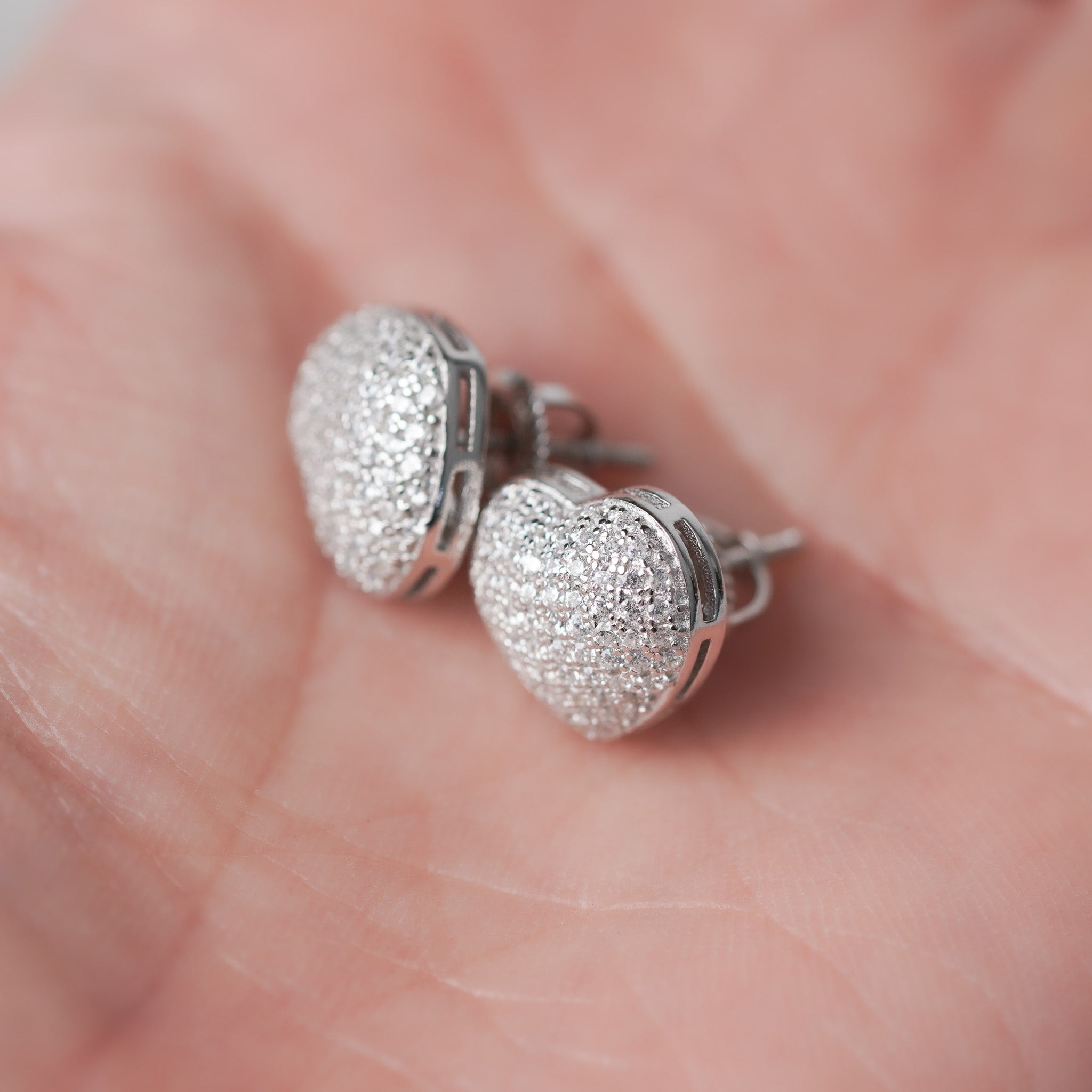 Pave Heart Earrings, Simulated Diamond Micropave, Screwed-Back