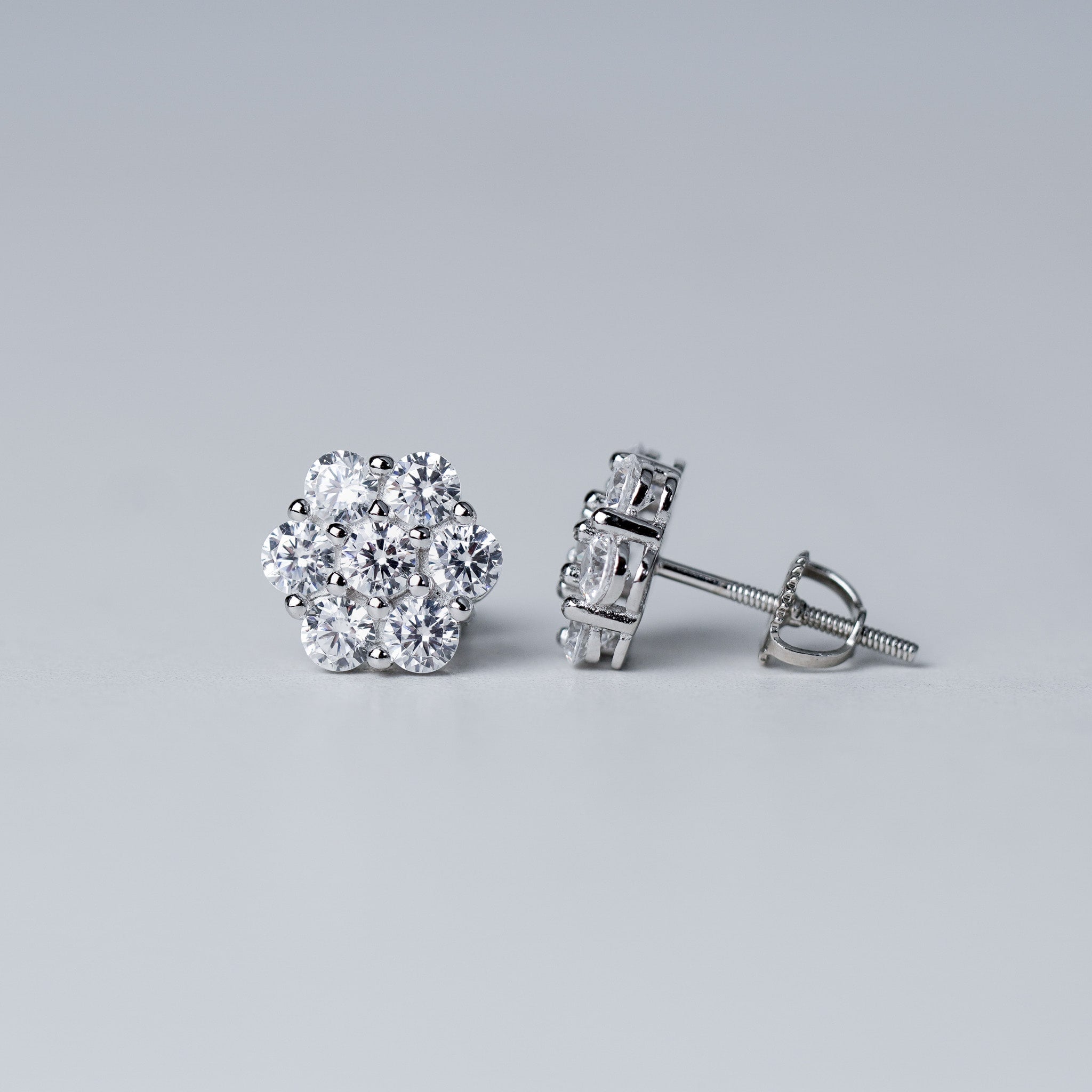 Flower Stud Earrings in Moissanite & Simulated Diamond | Screwed-Back
