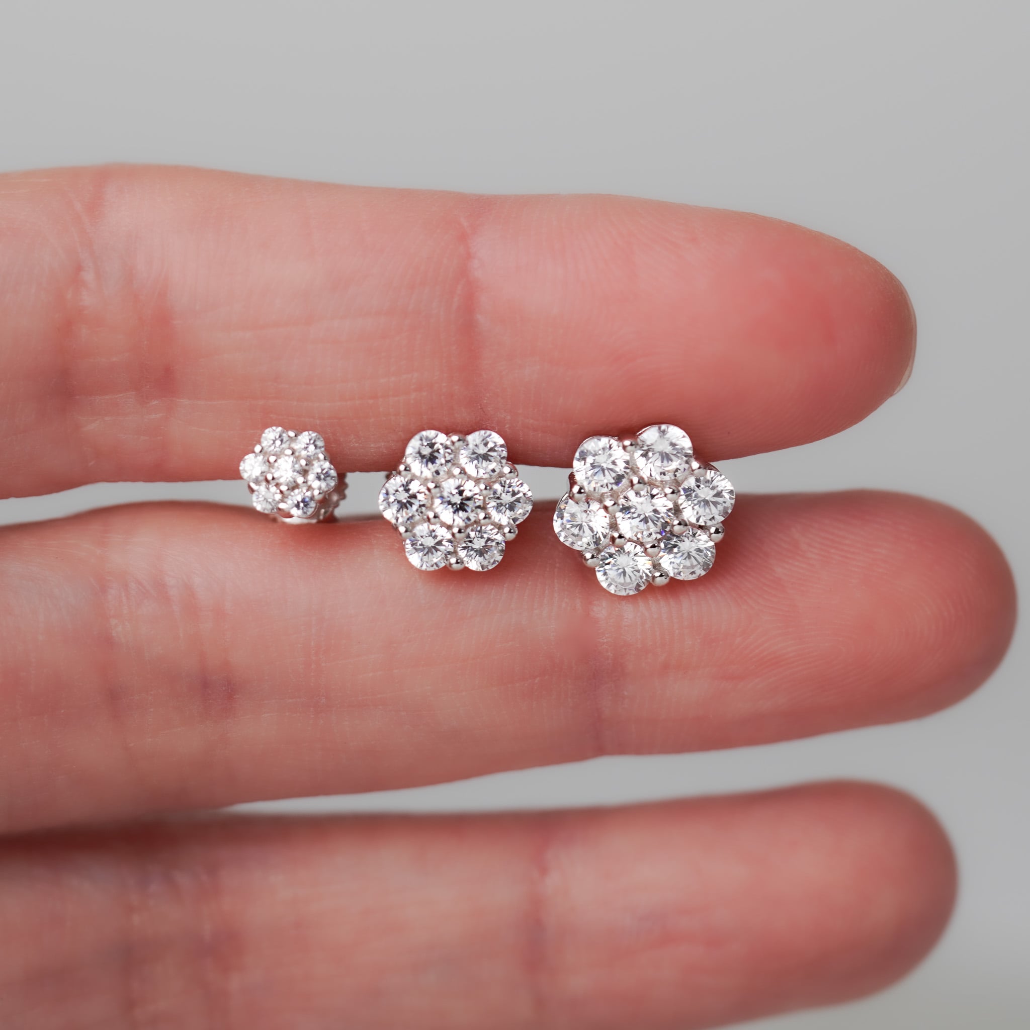 Flower Stud Earrings in Moissanite & Simulated Diamond | Screwed-Back