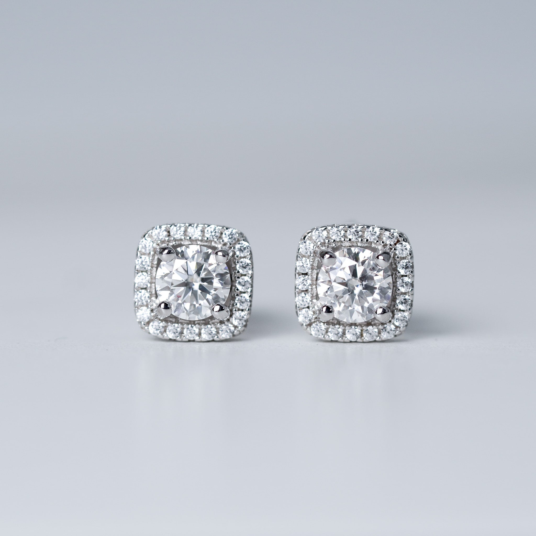 Moissanite Square Round Halo Earrings