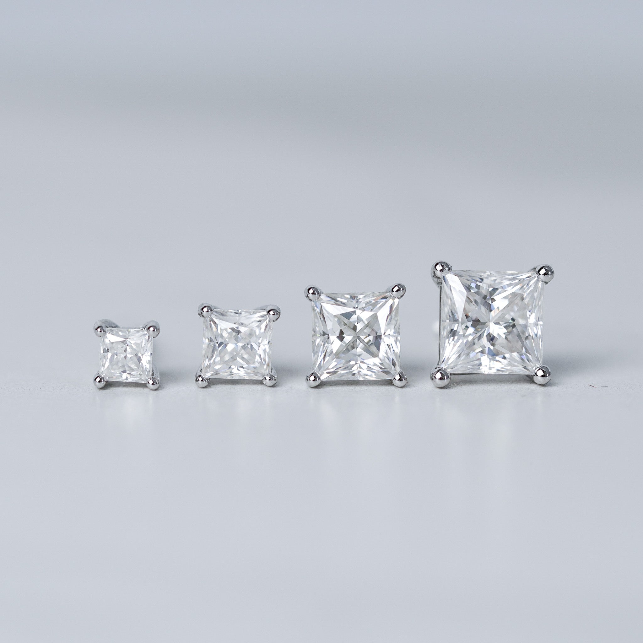 Square Solitaire Stud Earrings In Moissanites | Screwed Back